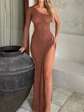 One-Shoulder Brown High-Slit cover up/dress